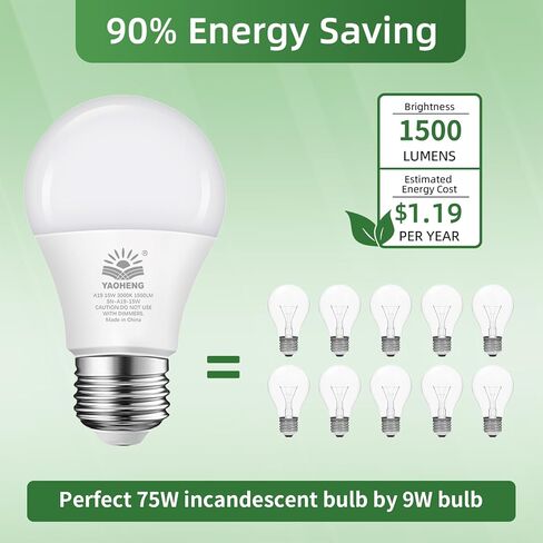 لمبة إضاءة LED A19، مصابيح LED مكافئة 100 وات، ضوء نهاري أبيض 5000 كلفن، 1500 لومن، قاعدة E26 قياسية، مصابيح إضاءة فائقة السطوع 15 وات غير قابلة للتعتيم للمنزل، مصباح مكتب، مدرج في قائمة ETL (4 عبوات) in Saudi Arabia
