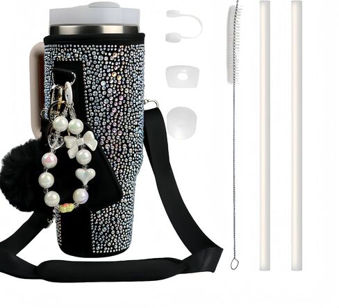 Water Bottle Carrier Bag for Stanley 40oz Tumbler - Stanley Cup Bag with Adjustable Strap, Straw Cover & Pompom Keychains - Stanley Cup Accessories, Purple Diamond in Saudi Arabia