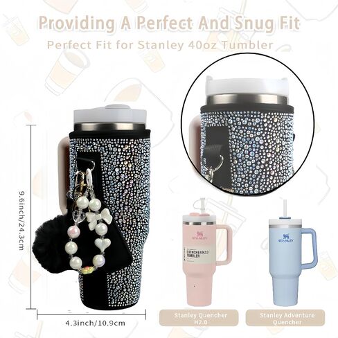 Water Bottle Carrier Bag for Stanley 40oz Tumbler - Stanley Cup Bag with Adjustable Strap, Straw Cover & Pompom Keychains - Stanley Cup Accessories, Purple Diamond in Saudi Arabia