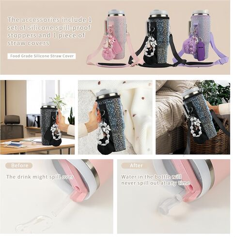 Water Bottle Carrier Bag for Stanley 40oz Tumbler - Stanley Cup Bag with Adjustable Strap, Straw Cover & Pompom Keychains - Stanley Cup Accessories, Purple Diamond in Saudi Arabia