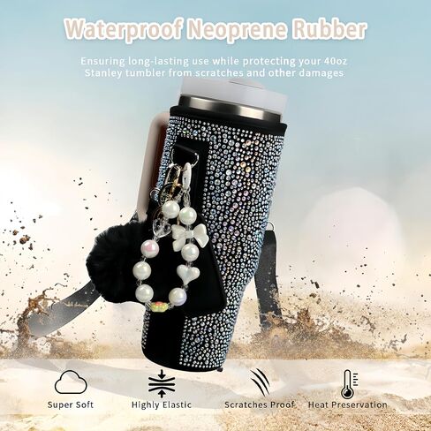 Water Bottle Carrier Bag for Stanley 40oz Tumbler - Stanley Cup Bag with Adjustable Strap, Straw Cover & Pompom Keychains - Stanley Cup Accessories, Purple Diamond in Saudi Arabia