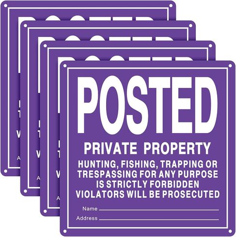 Tandefio 4 Pcs No Trespassing Signs Private Property Reflective Aluminum Posted Signs Metal No Hunting or Trespassing Signs for Warning No Hunting Fishing Trapping Indoor Outdoor Use (Purple,12x12'') in Saudi Arabia