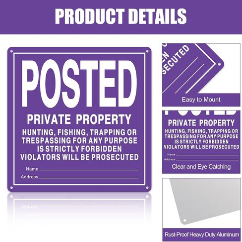 Tandefio 4 Pcs No Trespassing Signs Private Property Reflective Aluminum Posted Signs Metal No Hunting or Trespassing Signs for Warning No Hunting Fishing Trapping Indoor Outdoor Use (Purple,12x12'') in Saudi Arabia
