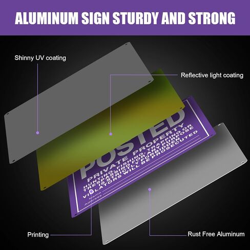 Tandefio 4 Pcs No Trespassing Signs Private Property Reflective Aluminum Posted Signs Metal No Hunting or Trespassing Signs for Warning No Hunting Fishing Trapping Indoor Outdoor Use (Purple,12x12'') in Saudi Arabia