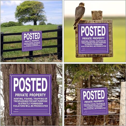 Tandefio 4 Pcs No Trespassing Signs Private Property Reflective Aluminum Posted Signs Metal No Hunting or Trespassing Signs for Warning No Hunting Fishing Trapping Indoor Outdoor Use (Purple,12x12'') in Saudi Arabia