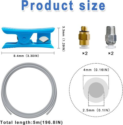 16.4ft(5M) PTFE Teflon Tube Kit,ID 2.5mm OD 4mm for 1.75mm Filament 3D Printer Replacement Parts, with Tubing Cutter,4-M6 Extruder Fitting,4-M10 Hotend Fitting, for Bambu lab AMS in Saudi Arabia