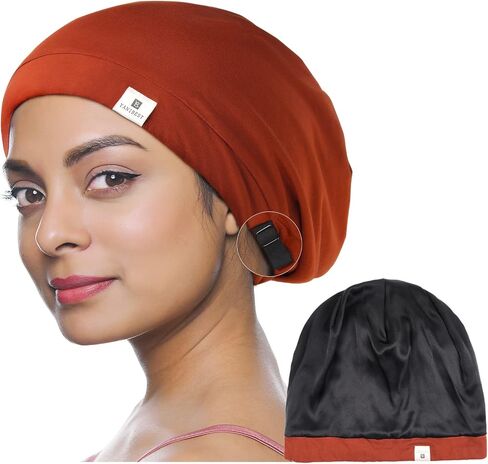 Yanibest 100% Mulberry Silk Lined Sleep Cap Christmas Silk Bonnet for Sleeping - Dark Black Hair Cover Bonnet for Natural Hair Adjustable Slouchy Beanie Hat in Saudi Arabia