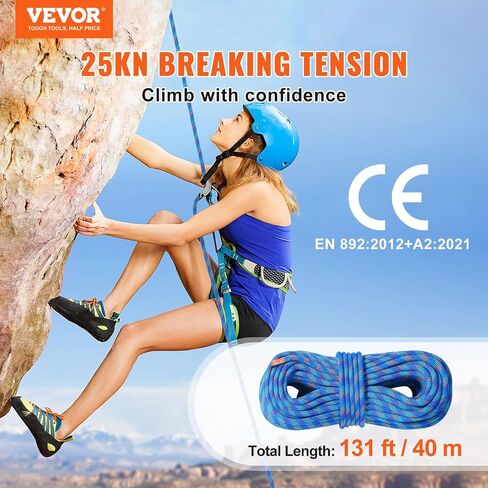 VEVOR 10.2mm Dynamic Climbing Rope, 70M(230ft) Outdoor Rock Climbing Rope 25KN Breaking Tension, Stretchable Fiber Rope with Steel Snap Hooks for Escape, Rappelling, Fire Rescue, Blue in Saudi Arabia