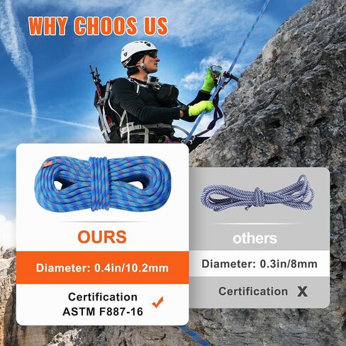 VEVOR 10.2mm Dynamic Climbing Rope, 70M(230ft) Outdoor Rock Climbing Rope 25KN Breaking Tension, Stretchable Fiber Rope with Steel Snap Hooks for Escape, Rappelling, Fire Rescue, Blue in Saudi Arabia