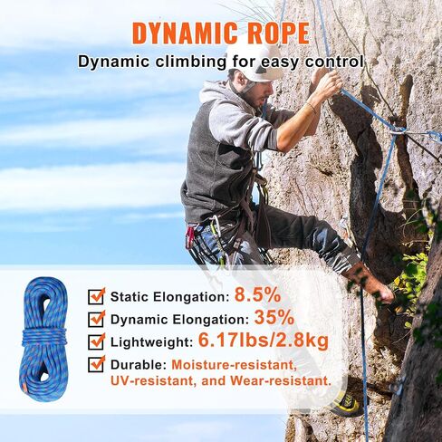 VEVOR 10.2mm Dynamic Climbing Rope, 70M(230ft) Outdoor Rock Climbing Rope 25KN Breaking Tension, Stretchable Fiber Rope with Steel Snap Hooks for Escape, Rappelling, Fire Rescue, Blue in Saudi Arabia