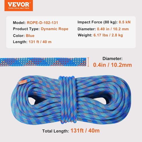VEVOR 10.2mm Dynamic Climbing Rope, 70M(230ft) Outdoor Rock Climbing Rope 25KN Breaking Tension, Stretchable Fiber Rope with Steel Snap Hooks for Escape, Rappelling, Fire Rescue, Blue in Saudi Arabia