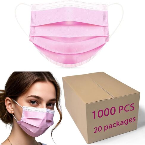 50 Pack Pink Disposable Face Mask for Adults, Solid Pink Breathable 3-Ply Earloop Full Face Protection for Women & Teen Girls in Saudi Arabia