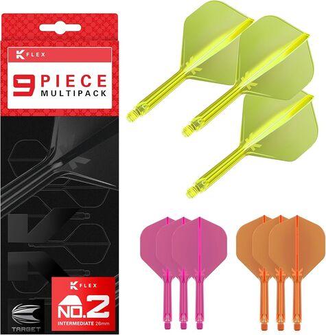 TARGET Darts K-Flex رحلات وأعمدة رمي السهام المتكاملة، حزمة Kflex المكونة من 9 قطع، حزمة متعددة - K Flex 3 ألوان | أسود، أبيض، شفاف، أحمر، أخضر، أزرق، وردي، برتقالي، أصفر | قصير، متوسط، متوسط in Kuwait