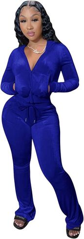 Two Piece Outfits for Women Womens 2 Piece Velour Hoodie Jogger Tracksuit, Long Sleeve Full-Zip Up Velvet Crop Tops Jacket Flared Pants Fall Lounge Matching Sets Sportswear Jogging Sweatsuit Pockets in Saudi Arabia