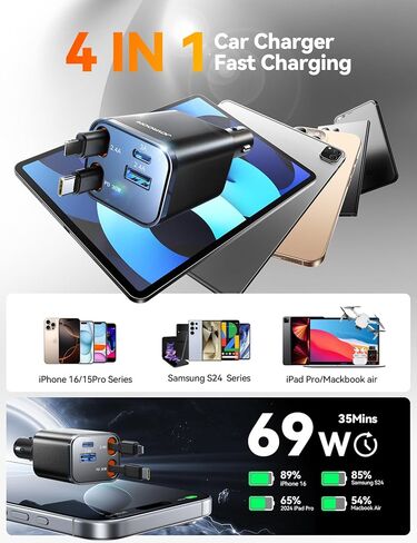 [2026 Ultra-Compact] JOYROOM Retractable Car Charger 84W Car Charger USB C for iPhone 16 17 Fast Charging, Car Accessories, Car Adapter Travel Essentials Gifts for Women Men, for iPhone 17 16 15 14 13 | [2026 Ultra-Compact] [180°Adjustable] Car Accessorie in Kuwait