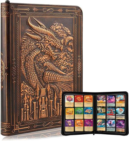 FEIDIAO 9 Pocket Trading Card Binder 360 Side Loading Pockets Albums with Zipper 3D PU Leather Embossed Dragon Card Books Collectible Trading Card Game Album for MTG,TCG,Pokmon,Lorcana(Bronzed) in Saudi Arabia