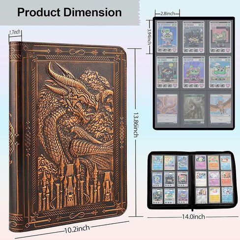 FEIDIAO 9 Pocket Trading Card Binder 360 Side Loading Pockets Albums with Zipper 3D PU Leather Embossed Dragon Card Books Collectible Trading Card Game Album for MTG,TCG,Pokmon,Lorcana(Bronzed) in Saudi Arabia