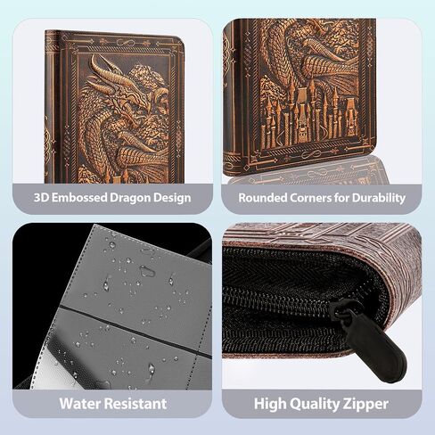FEIDIAO 9 Pocket Trading Card Binder 360 Side Loading Pockets Albums with Zipper 3D PU Leather Embossed Dragon Card Books Collectible Trading Card Game Album for MTG,TCG,Pokmon,Lorcana(Bronzed) in Saudi Arabia