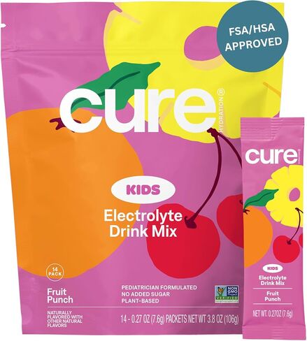Cure Hydration - Kids Electrolyte Drink Mix | Plant-Based Pediatrician Formulated Rehydration | No Added Sugar, Non-GMO, Gluten-Free, No Artificial Flavors, FSA-HSA | Box of 6 Packets - Pink Lemonade in Saudi Arabia