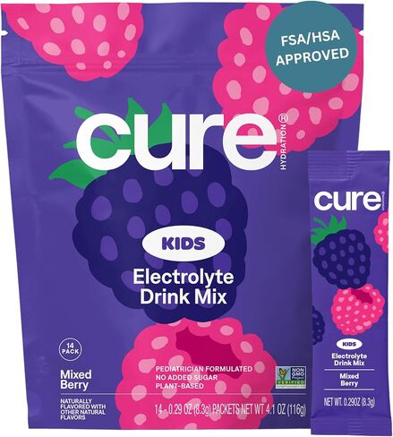 Cure Hydration - Kids Electrolyte Drink Mix | Plant-Based Pediatrician Formulated Rehydration | No Added Sugar, Non-GMO, Gluten-Free, No Artificial Flavors, FSA-HSA | Box of 6 Packets - Pink Lemonade in Saudi Arabia