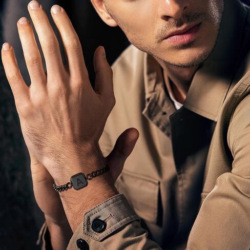 Initial Bracelet Gold/Silver/Black Squre A-Z Letter Cuban Link Chain Mens Bracelets Adjustable Size Stainless Steel Men Jewelry Gifts for Husband Dad Brother Son in Kuwait