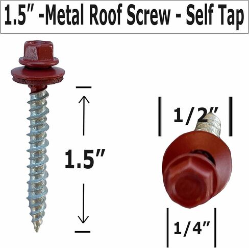 براغي أسقف معدنية - #10 × 1.5 بوصة - رأس سداسي ذاتي التنصت مع غسالة مطاطية EPDM - للمعدن إلى الخشب، والأسقف المموجة، والجوانب، والمظلات، ومسمار الفطيرة - محرك سداسي ¼ بوصة سهل التركيب - اللون الأحمر (100) in Kuwait