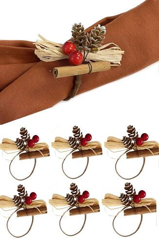 Angel Isabella Christmas Collection Rings - حامل منديل القماش لإعداد الطاولة - القرفة المعبأة خشب الصنوبر مخروط بري رافيا ريندر ريندر - طاولة الطعام (6 -PK ، التوت الذهبي) in Kuwait