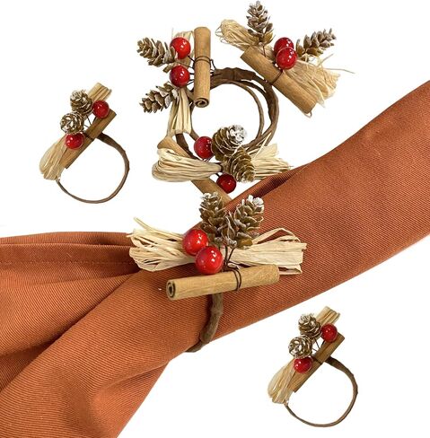 Angel Isabella Christmas Collection Rings - حامل منديل القماش لإعداد الطاولة - القرفة المعبأة خشب الصنوبر مخروط بري رافيا ريندر ريندر - طاولة الطعام (6 -PK ، التوت الذهبي) in Kuwait