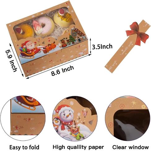 12 Pcs T-Lanugage Cookie Boxes, Gift Baking Box with Window, Stickers and Rope for Christmas Pastries, Cookies, Pie, Donuts, Macaroon 8.7 x 5.9 x 2.8inch Brown in Saudi Arabia