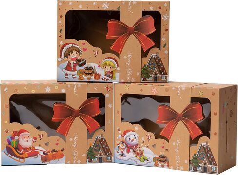 12 Pcs T-Lanugage Cookie Boxes, Gift Baking Box with Window, Stickers and Rope for Christmas Pastries, Cookies, Pie, Donuts, Macaroon 8.7 x 5.9 x 2.8inch Brown in Saudi Arabia