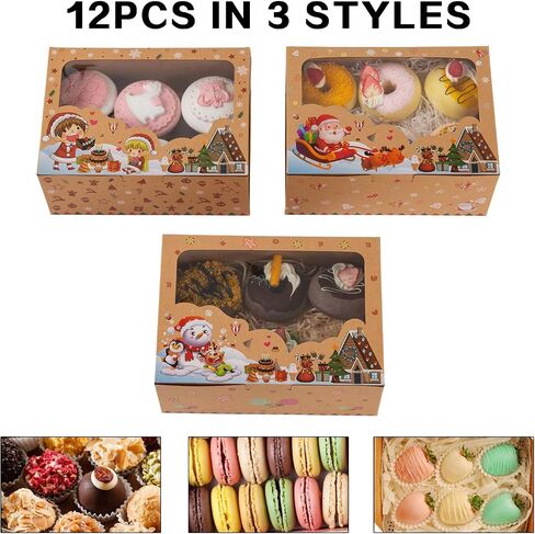 12 Pcs T-Lanugage Cookie Boxes, Gift Baking Box with Window, Stickers and Rope for Christmas Pastries, Cookies, Pie, Donuts, Macaroon 8.7 x 5.9 x 2.8inch Brown in Saudi Arabia