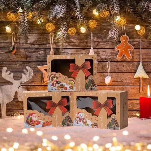 12 Pcs T-Lanugage Cookie Boxes, Gift Baking Box with Window, Stickers and Rope for Christmas Pastries, Cookies, Pie, Donuts, Macaroon 8.7 x 5.9 x 2.8inch Brown in Saudi Arabia