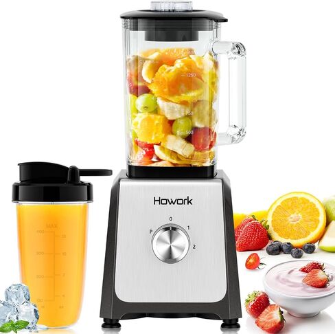 Howork Blender for Smoothies ، 750W Personal Blender ، 56 Oz Glass Jar ، 16 Oze Cups ، 2+P SPEED ، 3 وظائف للعصائر ، المشروبات المجمدة والآيس كريم ، الأسود in Saudi Arabia