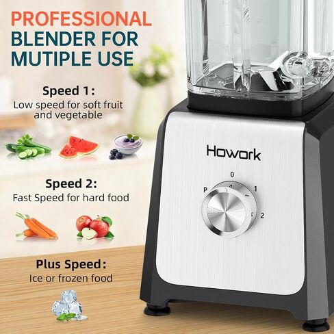 Howork Blender for Smoothies ، 750W Personal Blender ، 56 Oz Glass Jar ، 16 Oze Cups ، 2+P SPEED ، 3 وظائف للعصائر ، المشروبات المجمدة والآيس كريم ، الأسود in Saudi Arabia