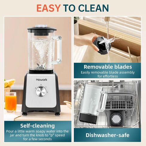 Howork Blender for Smoothies ، 750W Personal Blender ، 56 Oz Glass Jar ، 16 Oze Cups ، 2+P SPEED ، 3 وظائف للعصائر ، المشروبات المجمدة والآيس كريم ، الأسود in Saudi Arabia