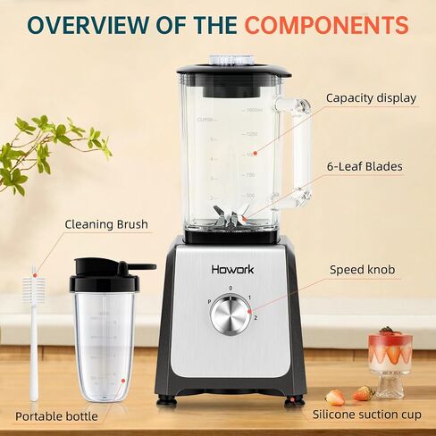 Howork Blender for Smoothies ، 750W Personal Blender ، 56 Oz Glass Jar ، 16 Oze Cups ، 2+P SPEED ، 3 وظائف للعصائر ، المشروبات المجمدة والآيس كريم ، الأسود in Saudi Arabia