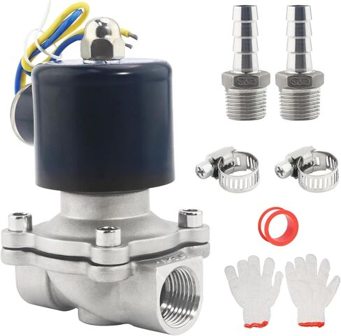 1/2 Inch Stainless Steel Electric Solenoid Valve 110V AC Normally Closed, Includes of 2 Fittings, Tape, 2 Clamps, 1 Pair of Gloves for Water, Air, Diesel in Saudi Arabia