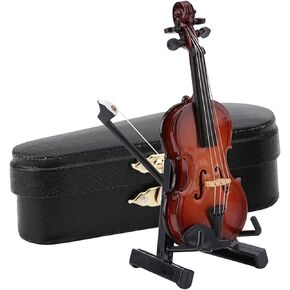 Wooden Miniature Violin Model, Mini Violin Model with Stand Case Dollhouse Accessories Mini Musical Instrument Decor Gift for Home Office Decoration Birthday Valentine's Day Gift