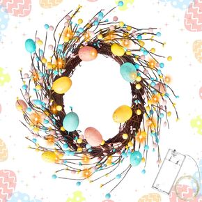 18 Inch Easter Wreath Artificial Easter Colorful Egg Wreath for Front Door Easter Door Wreath Spring Wreath with Pastel Eggs and Mixed Twigs for Easter Decorations