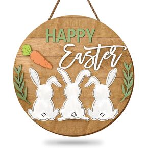 Happy Easter Wooden Hanging Sign Flat Pattern Bunny Rabbit Front Door Sign Farmhouse Rustic Door Hanger Sign for Spring Holiday Indoor Outdoor Farmhouse Home Porch Window Decor