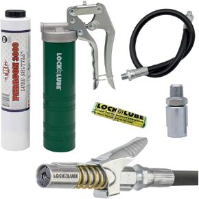LockNLube Spin-On Pistol-Grip Grease Gun Kit. Includes: 1 Tube Grease, The Grease Coupler Plus a Heavy-Duty 20" Grease Hose and in-line Hose Swivel.