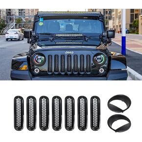 Front Mesh Grille Cover Guard Clip-in & Headlight Cover Fits 2007-2017 for Jeep Wrangler JK JKU - Angry Bird Headlight Bezels Trim & Grille Mesh Inserts