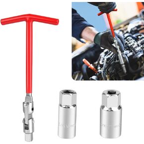 3 PCS Car Spark Plug Socket, T-Handle Non-Slip Socket Set with 5/8"/16mm and 13/16"/21mm Wrench, 360 Degree Multi-Angle Spark Plug Tool, Universal for Car Disassembly Parts (Red & Silver)