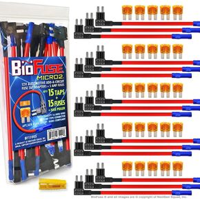 12 AWG Micro2 APT ATR 30 Piece Automotive Car Fuses and Holders Pack: (15) Add a Circuit Fuse Tap Adapters, (15) 15A Micro 2 Blade Fuses + Fuse Puller