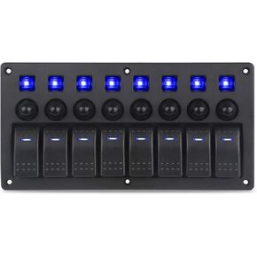WATERWICH Marine Boat Car 8 Gang ON-Off Ignition Waterproof Toggle Rocker Switch Panel 12V/24V Circuit Breaker Blue LED Indicator for RV Vehicle Truck Trailer Yacht ATV
