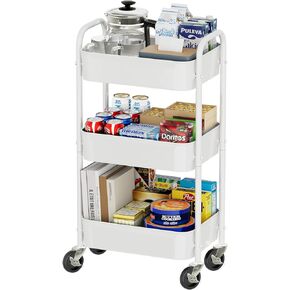 3 Tier Metal Cart on Wheels, Heavy Duty Rolling Storage Cart for Kitchen to Organize Books Snacks Tools, White