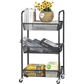 3-Tier Metal Utility Rolling with Handle, Multi-Functional Storage Trolley for Office, Living Room, Kitchen ，Kids' Room, Movable Storage Organizer with Lockable Wheels, Black in Kuwait