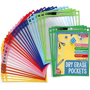Dry Erase Pockets 30 Pack - 10 x 13 Reusable Dry Erase Pocket Sleeves for Work & School Worksheets - Heavy Duty Clear Pocket Sleeves - Quickly Wipe to a Flawless Clean (Multicolor)