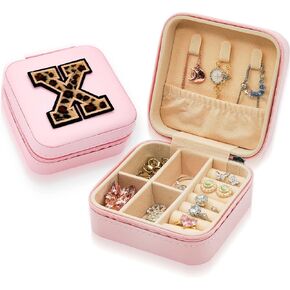 Personalized Jewelry Box for Women Fashion, A Initial Small Travel Jewelry Case, Pink Trendy Stuff for Teen Girls Birthday Gifts (Leopard Print B)
