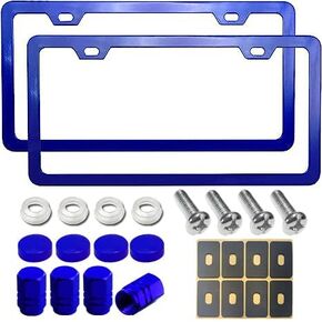 BGGTMO Blue License Plate Frames- Metal Aluminum Car Tag Cover, 2 Pack Slim Front & Rear Holders for Women, Men, Personalized Car Accessories- Screws, Rattle Proof Pads
